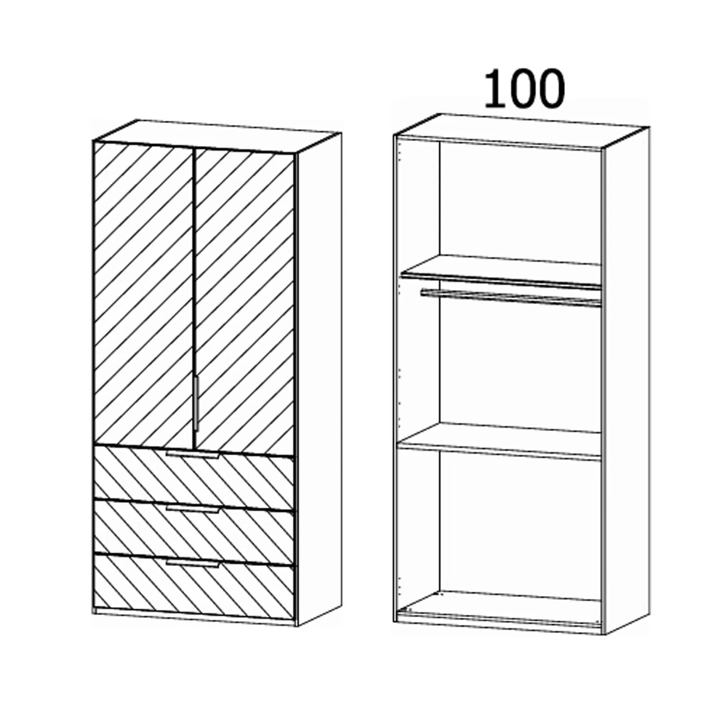 Rauch Crystal 2 Door Colour Glass Wardrobe with Drawers - Interior view