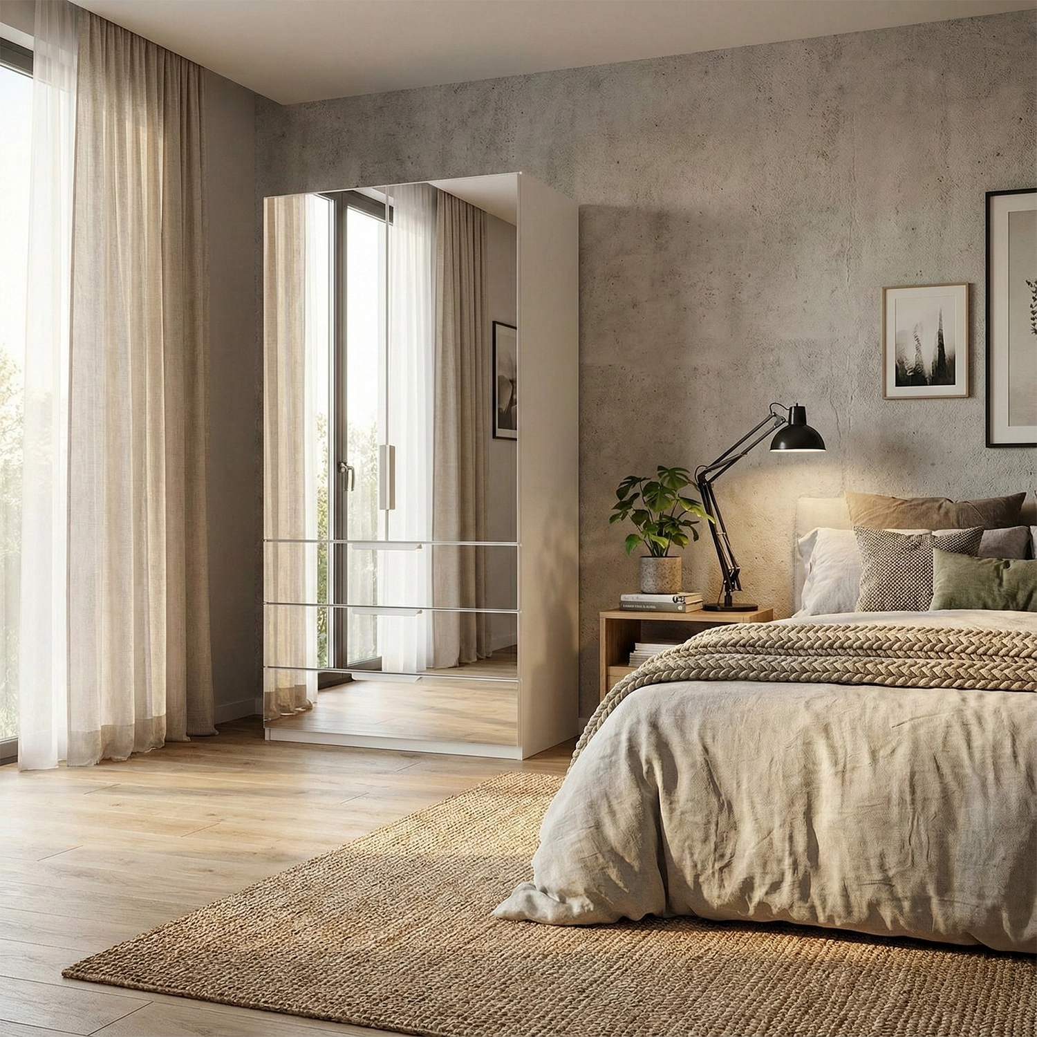 Rauch Crystal 2 Door Full Mirror Wardrobe with Drawers in white - styled in a bedroom