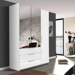 Rauch Crystal 3 Door Colour Glass & Mirror Wardrobe with Drawers in White - Styled in a Bedroom