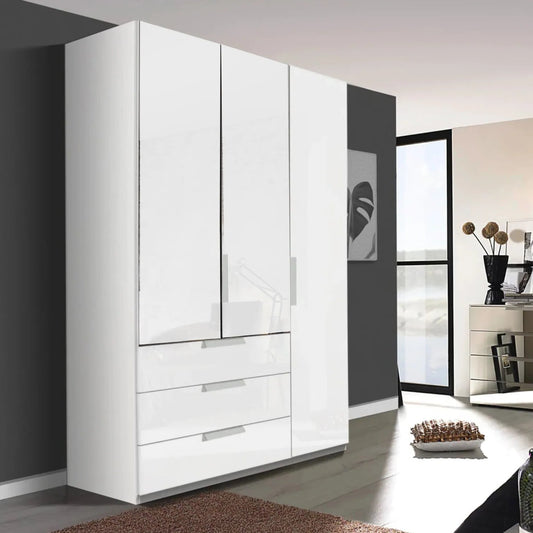 Rauch Crystal 3 Door Colour Glass Wardrobe with Drawers in White - Styled in a Bedroom