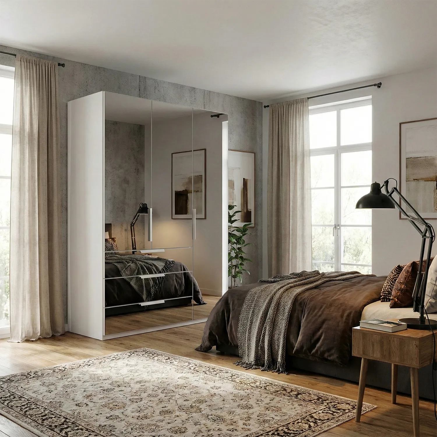 Rauch Crystal 3 Door Colour Glass Wardrobe with Drawers - Styled in a Bedroom