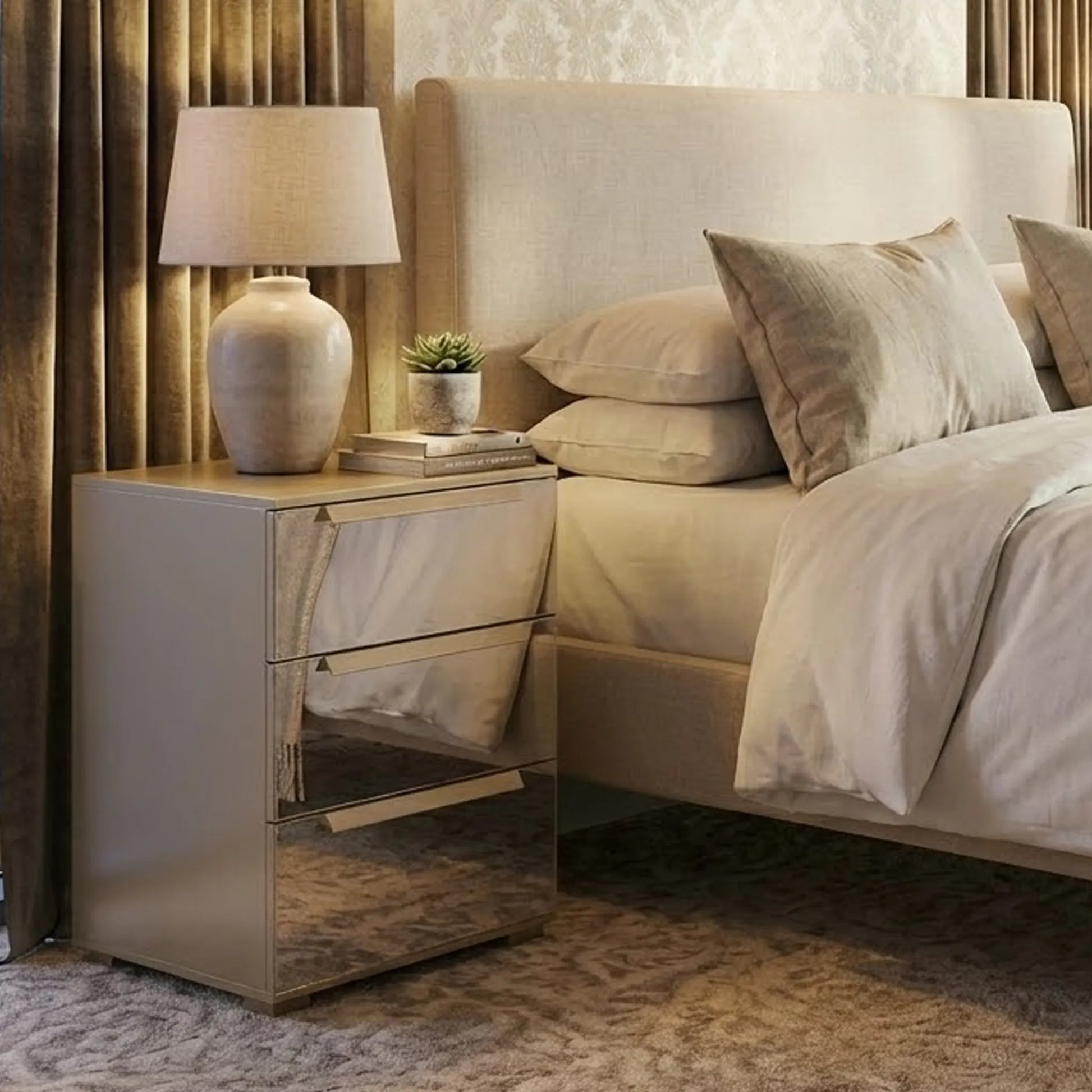 Crystal 3 Drawer Bedside Table in Champagne - Styled in a Bedroom
