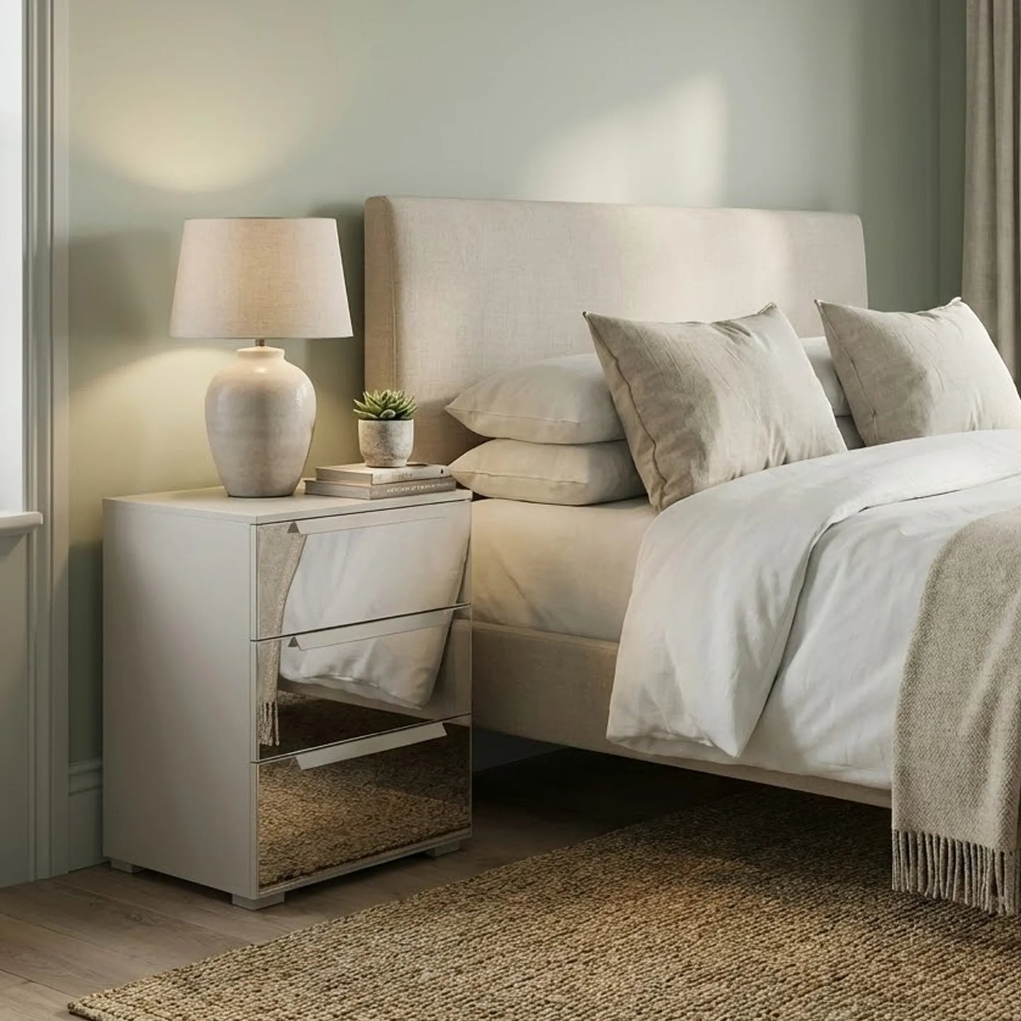 Crystal 3 Drawer Bedside Table in Silk Grey - Styled in a Bedroom