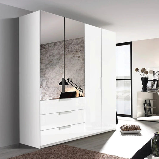 Rauch Crystal 4 Door Colour Glass & Mirror Wardrobe with Drawers in White - Styled in a Bedroom