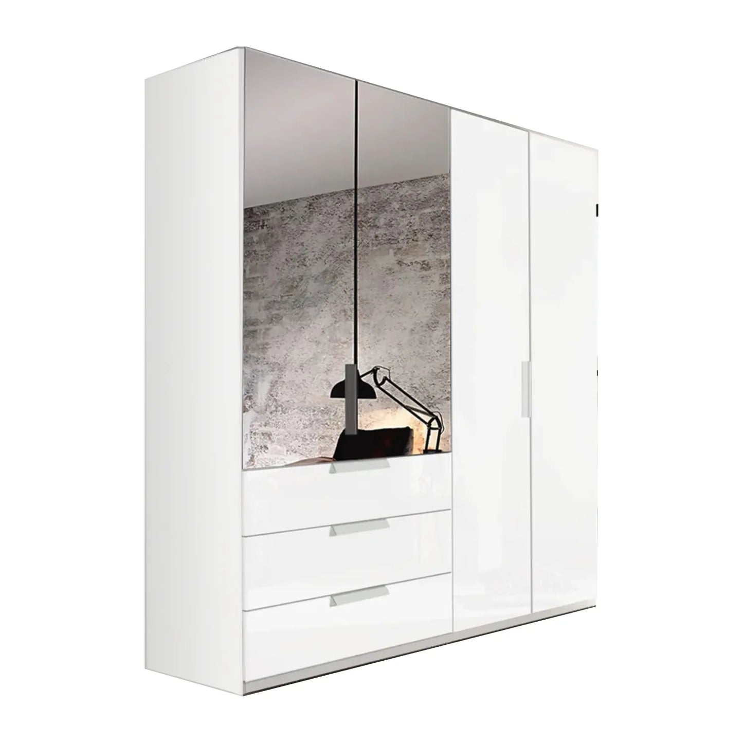 Rauch Crystal 4 Door Colour Glass & Mirror Wardrobe with Drawers in White
