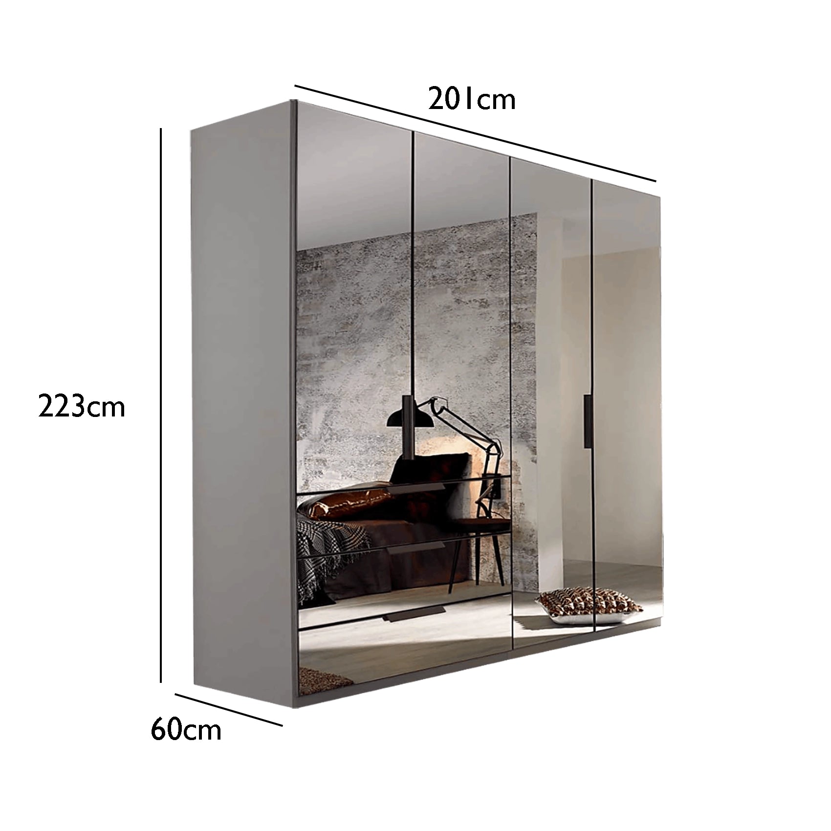 Rauch Miramar 4 Door Full Mirror Wardrobe with Drawers Dimensions on White Background