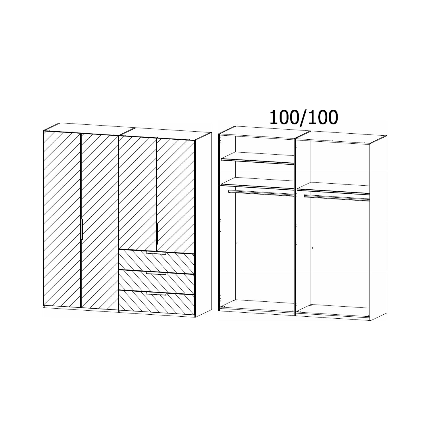 Rauch Miramar 4 Door Full Mirror Wardrobe with Drawers - Dimensions Interior