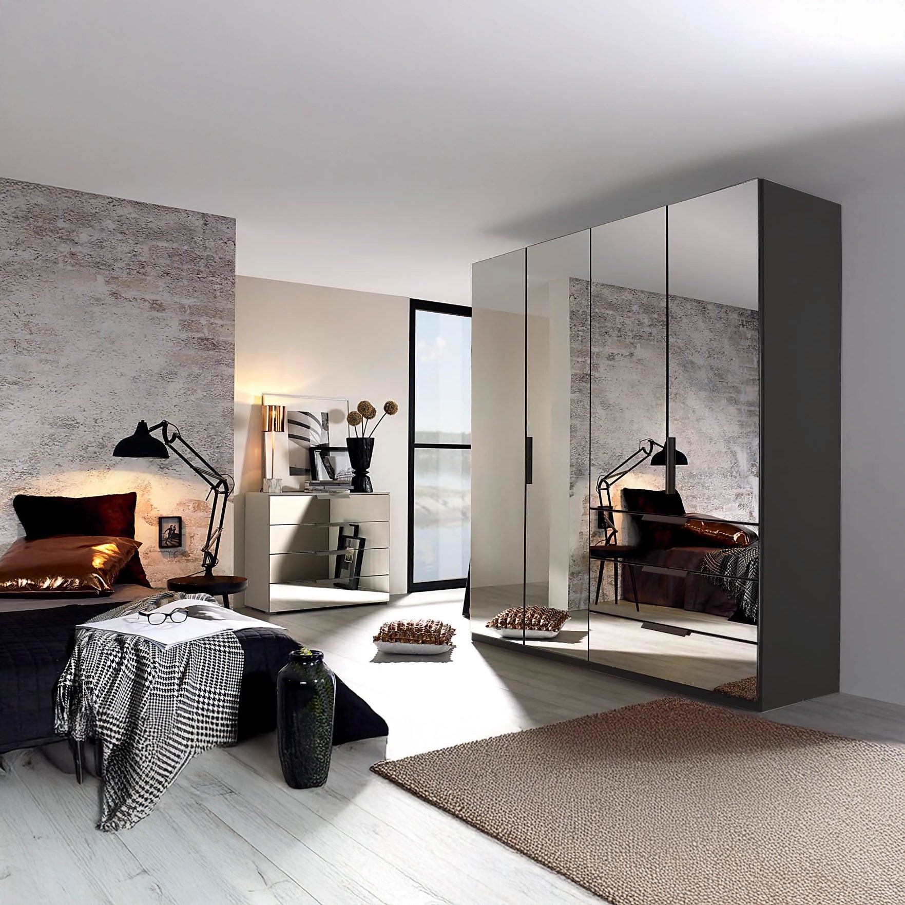 Rauch Miramar 4 Door Full Mirror Wardrobe with Drawers Graphite Carcase Colour