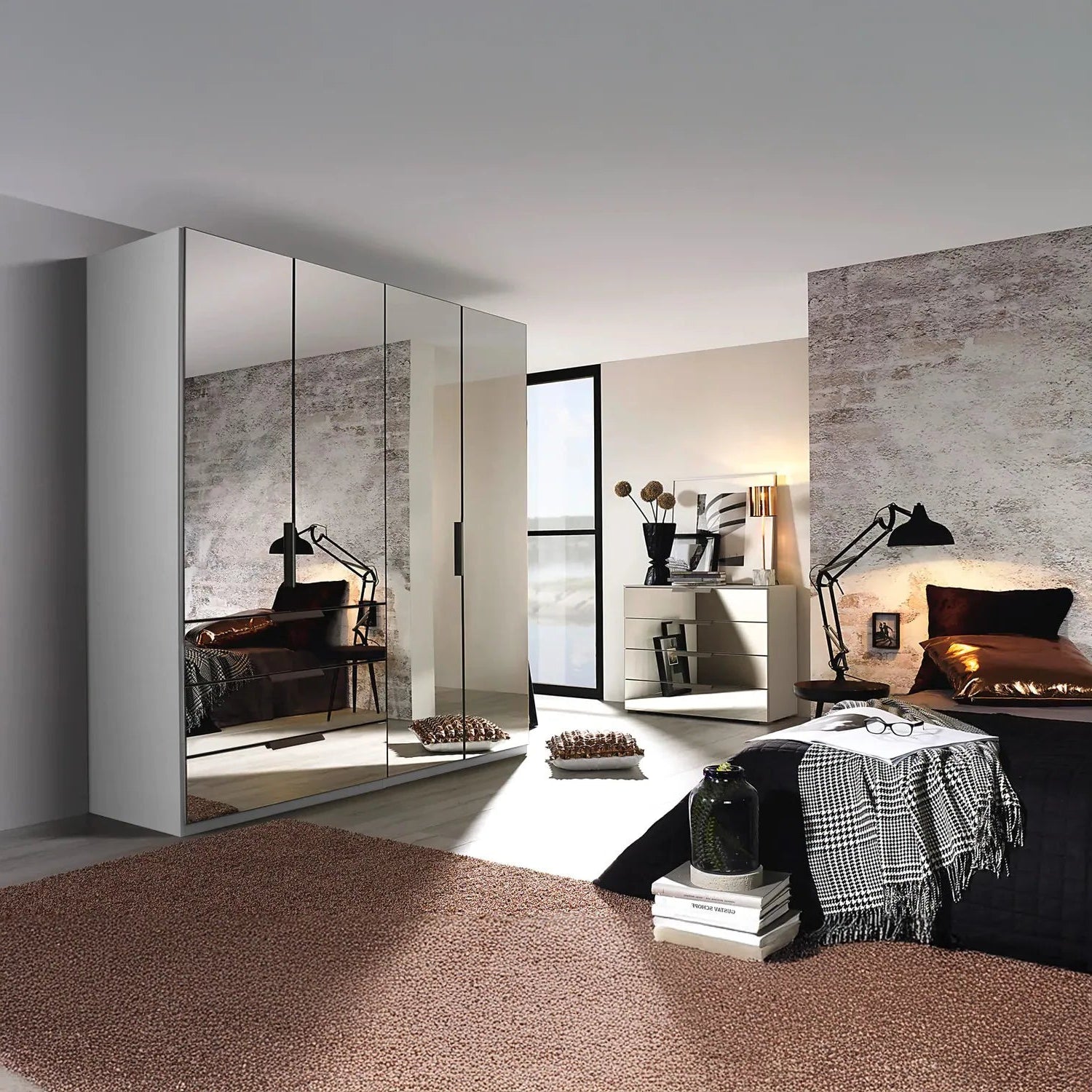 Rauch Miramar 4 Door Full Mirror Wardrobe with Drawers Silk Grey Carcase colour