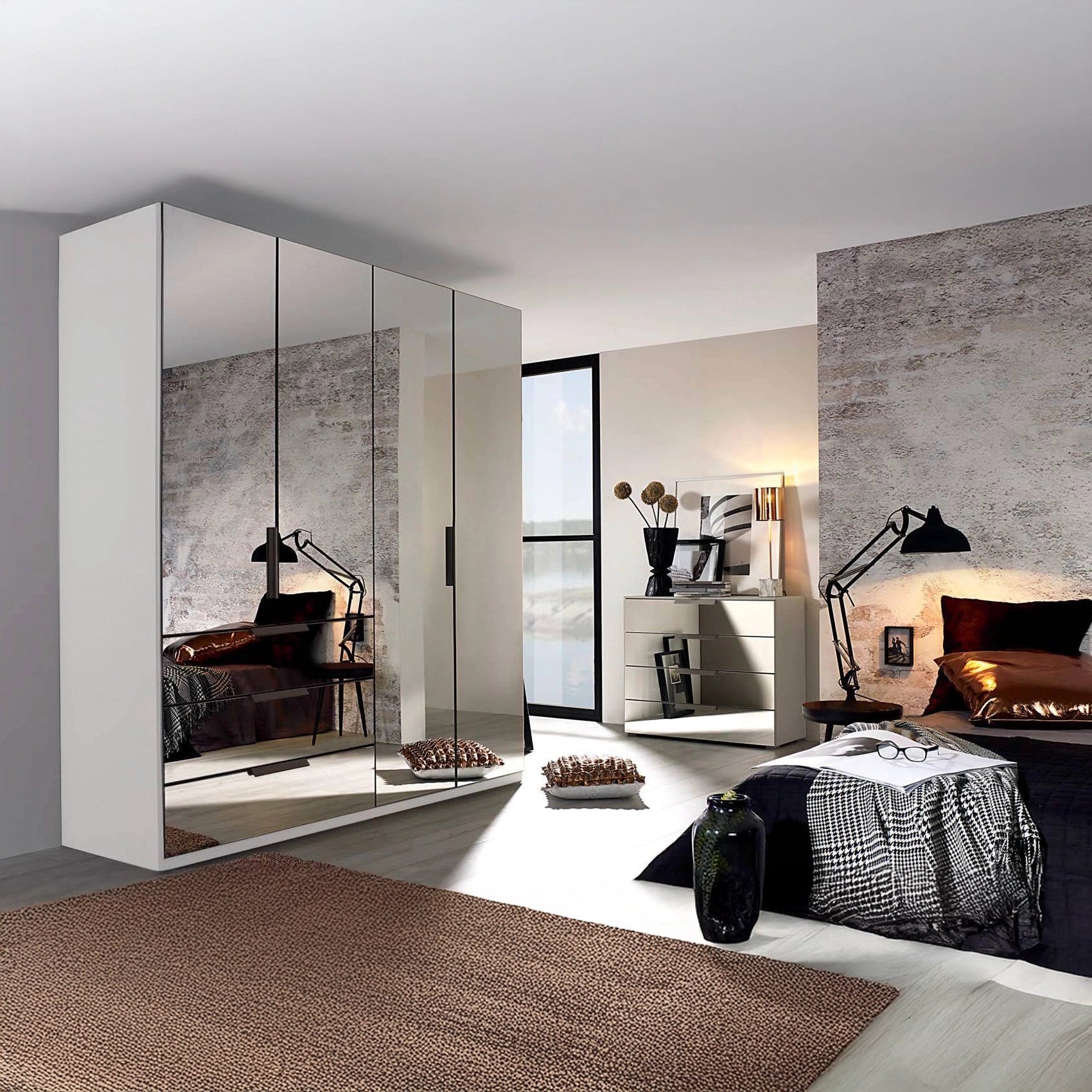 Rauch Miramar 4 Door Full Mirror Wardrobe with Drawers White Carcase Colour