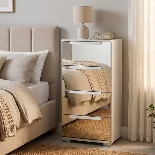 Crystal 4 Drawer Narrow Chest in white - Styled in a Bedroom