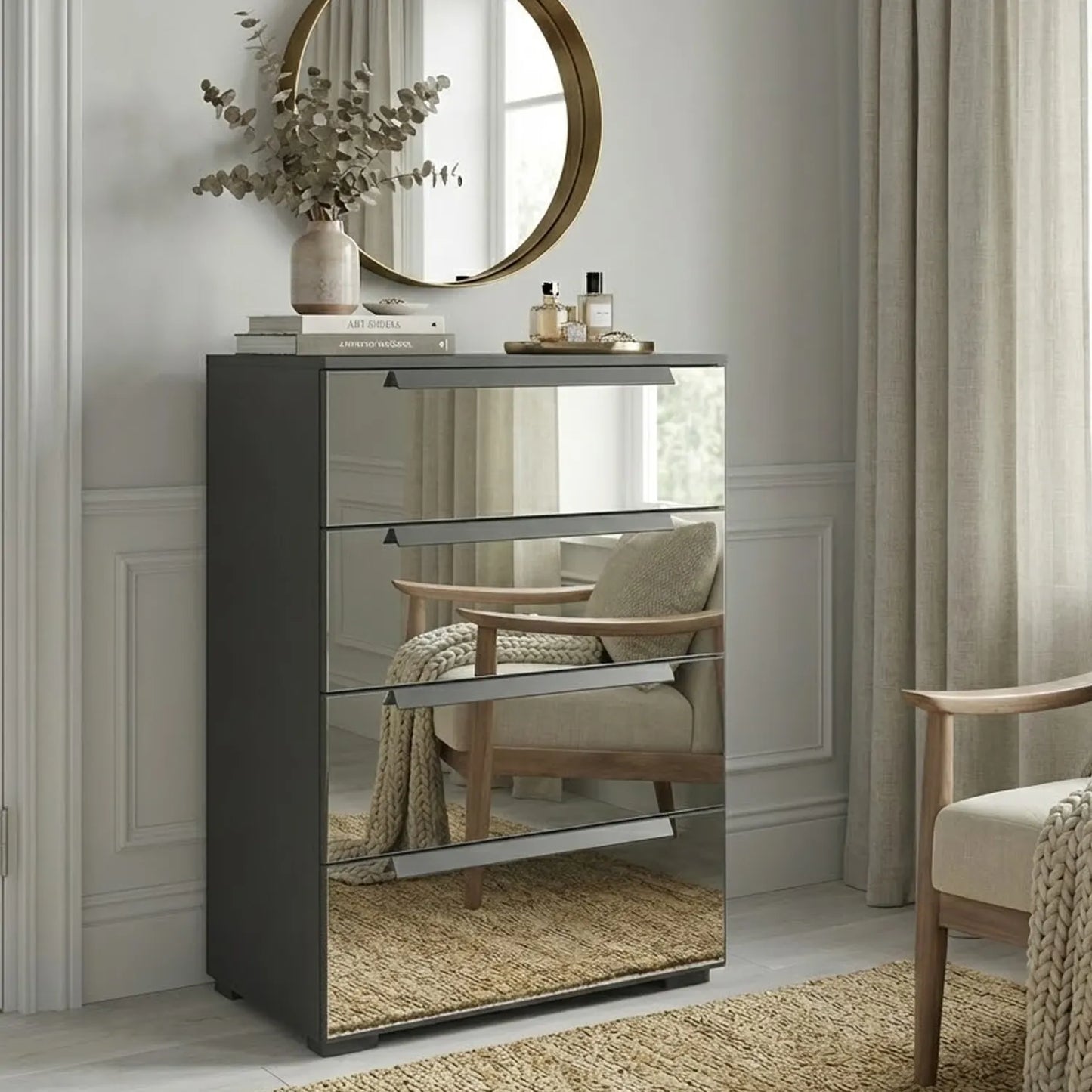 Crystal 4 Drawer Wide Chest in Graphite - Styled in a Bedroom