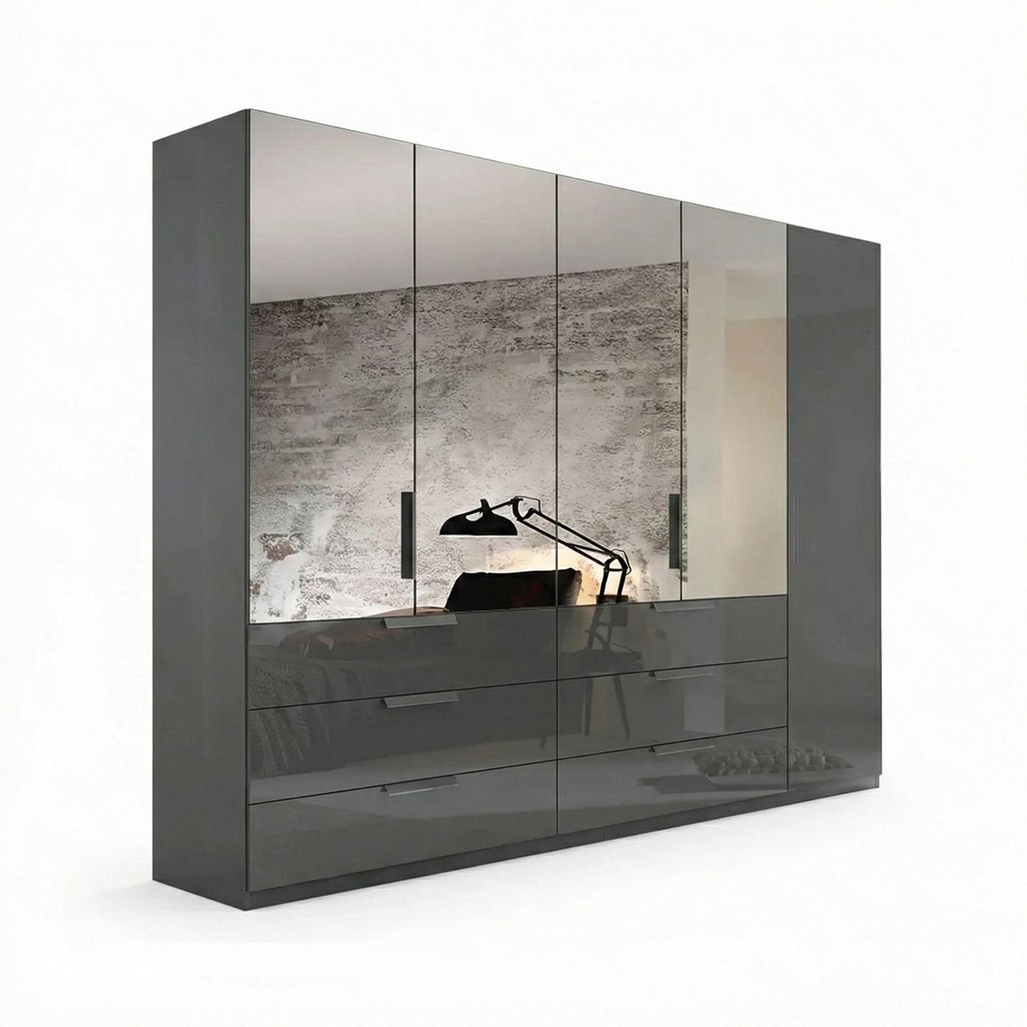 Rauch Crystal 5 Door Colour Glass & Mirror Wardrobe with Drawer in graphite 