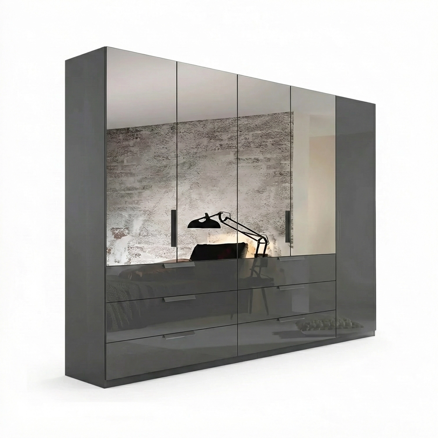 Rauch Crystal 5 Door Colour Glass & Mirror Wardrobe with Drawer in graphite 