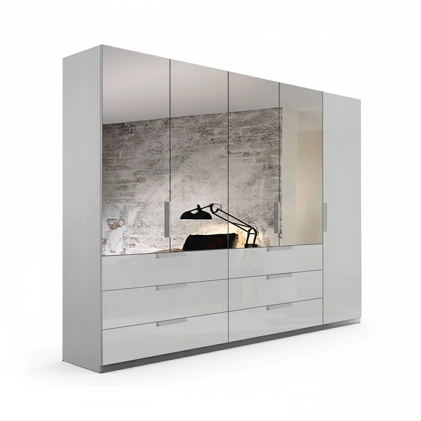 Rauch Crystal 5 Door Colour Glass & Mirror Wardrobe with Drawer in Silk Grey - Home Of Wardrobes
