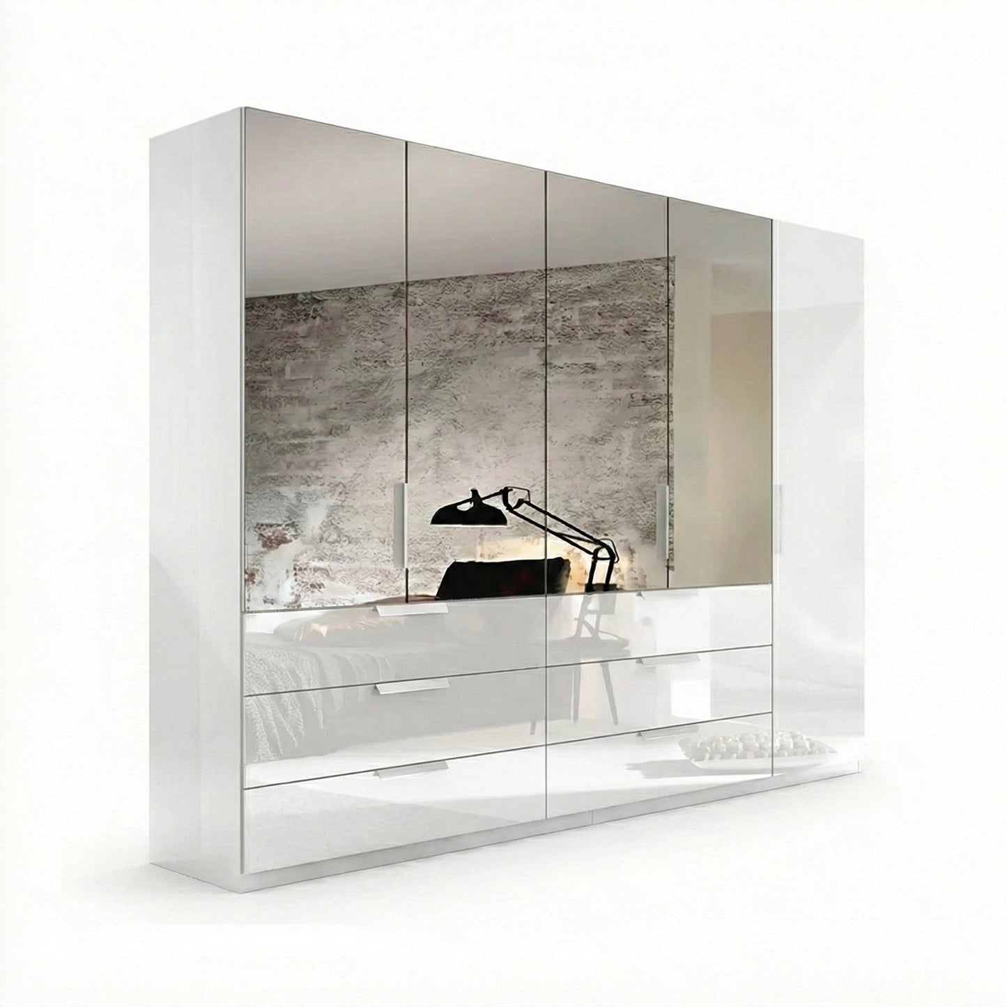 Rauch Crystal 5 Door Colour Glass & Mirror Wardrobe with Drawer in white 