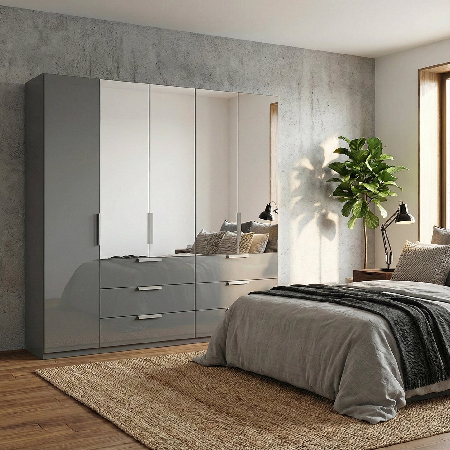 Rauch Crystal 5 Door Colour Glass & Mirror Wardrobe with Drawer in silk grey - styled in bedroom