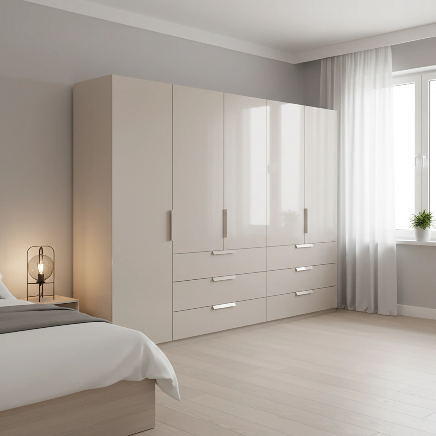 Crystal 5 Door Colour Glass Wardrobe with Drawer in silk grey - styled in a bedroom