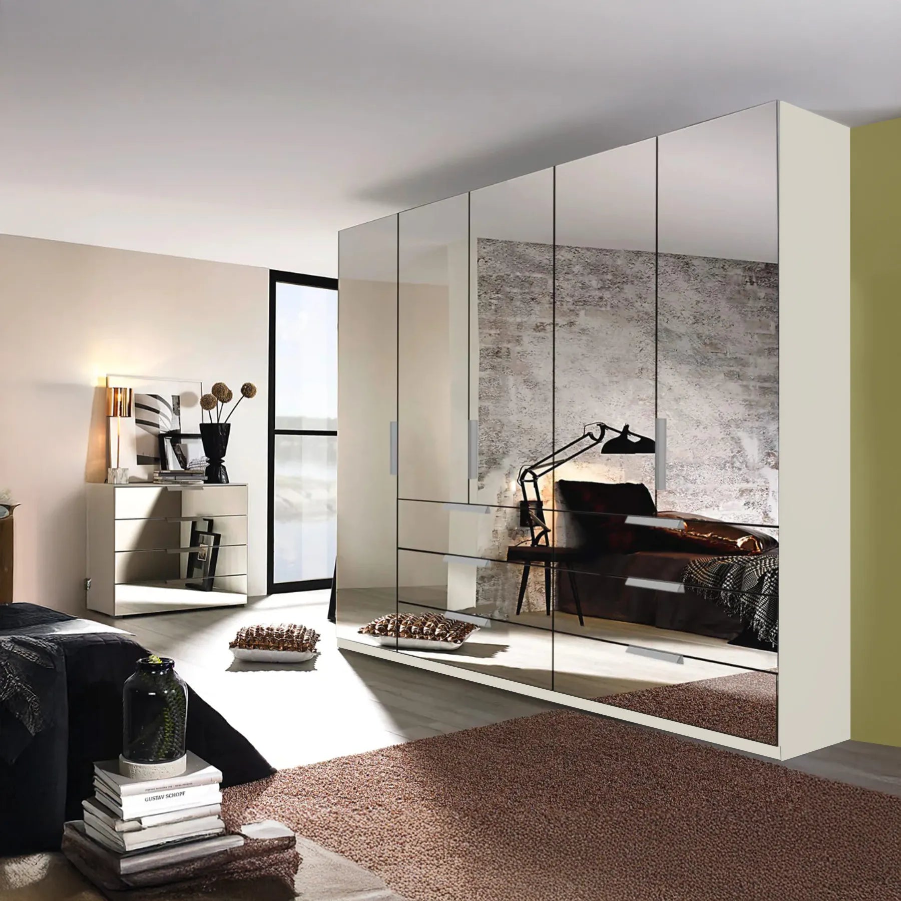 Rauch Miramar White 5 Door Full Mirror Wardrobe with Drawer - Styled in a Room