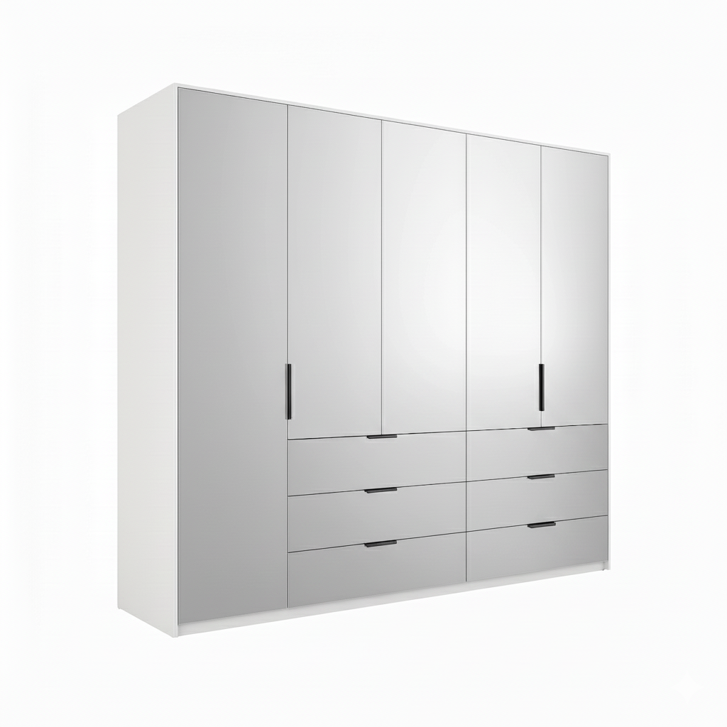 Rauch Miramar 5 Door Full Mirror Wardrobe with Drawer in White - Home Of Wardrobes