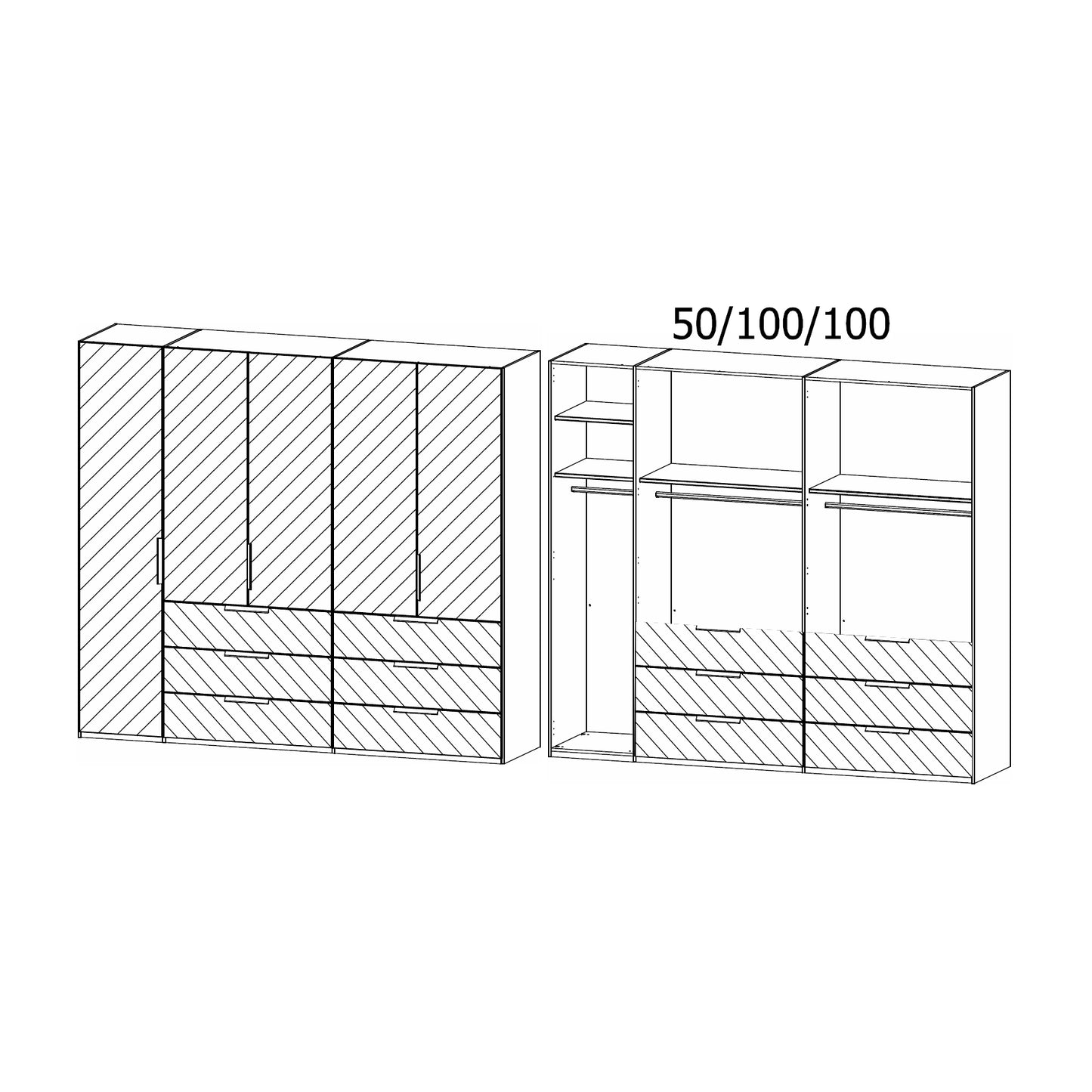 Crystal 5 Door Full Mirror Wardrobe with Drawer - W251cm