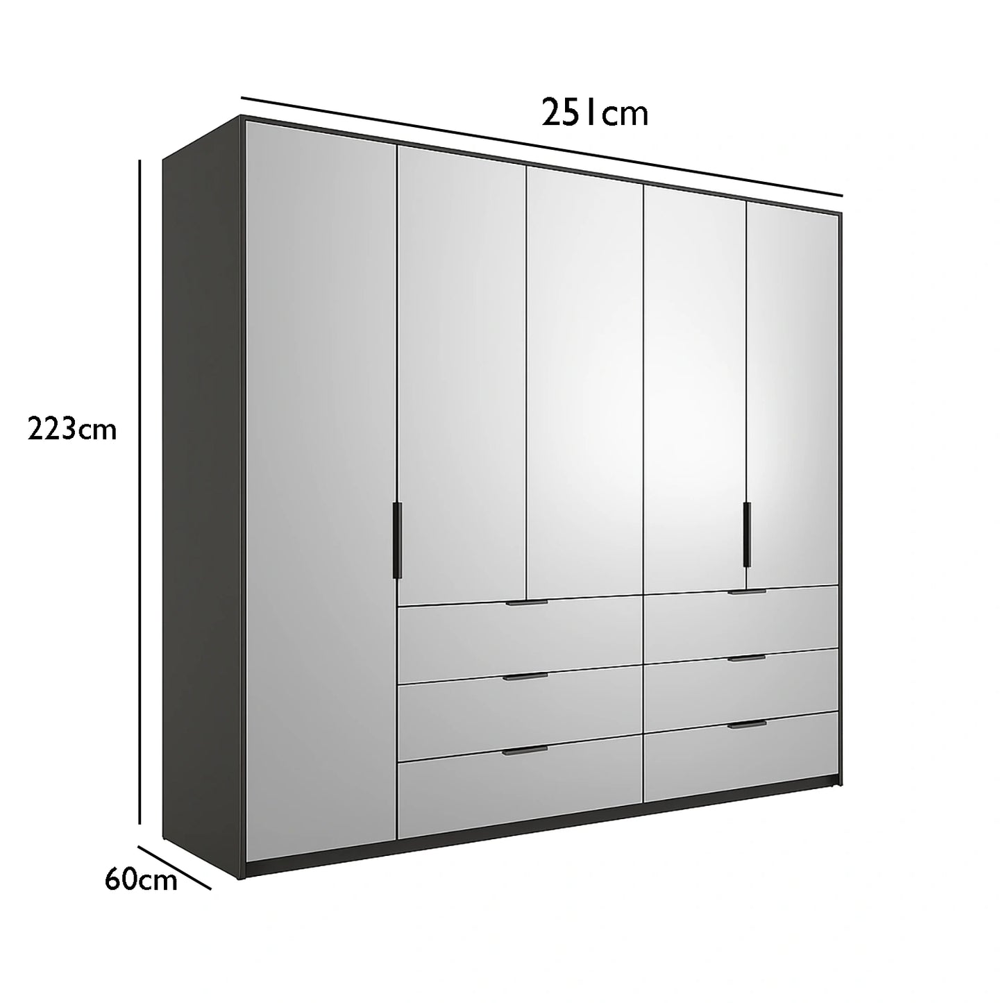 Crystal 5 Door Full Mirror Wardrobe with Drawer - W251cm