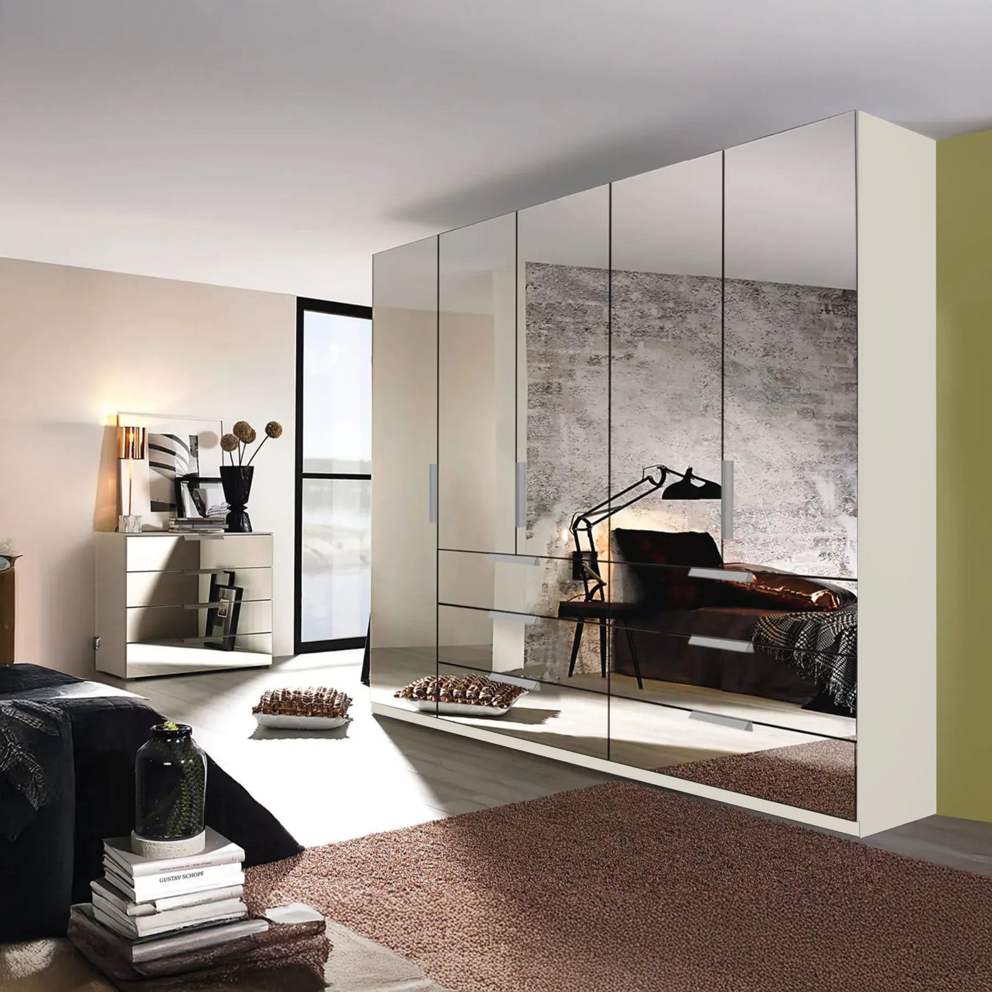 Crystal 5 Door Full Mirror Wardrobe with Drawer - W251cm
