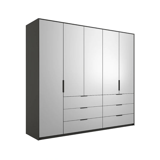 Crystal 5 Door Full Mirror Wardrobe with Drawer - W251cm