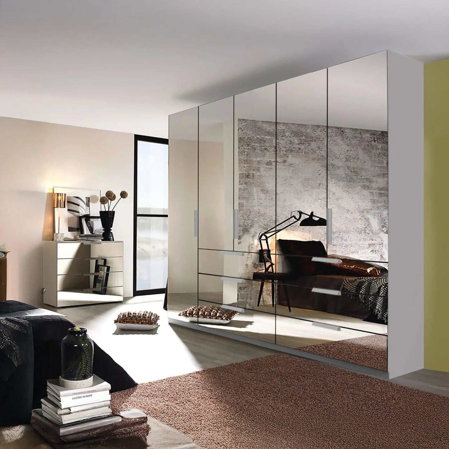 Crystal 5 Door Full Mirror Wardrobe with Drawer - W251cm