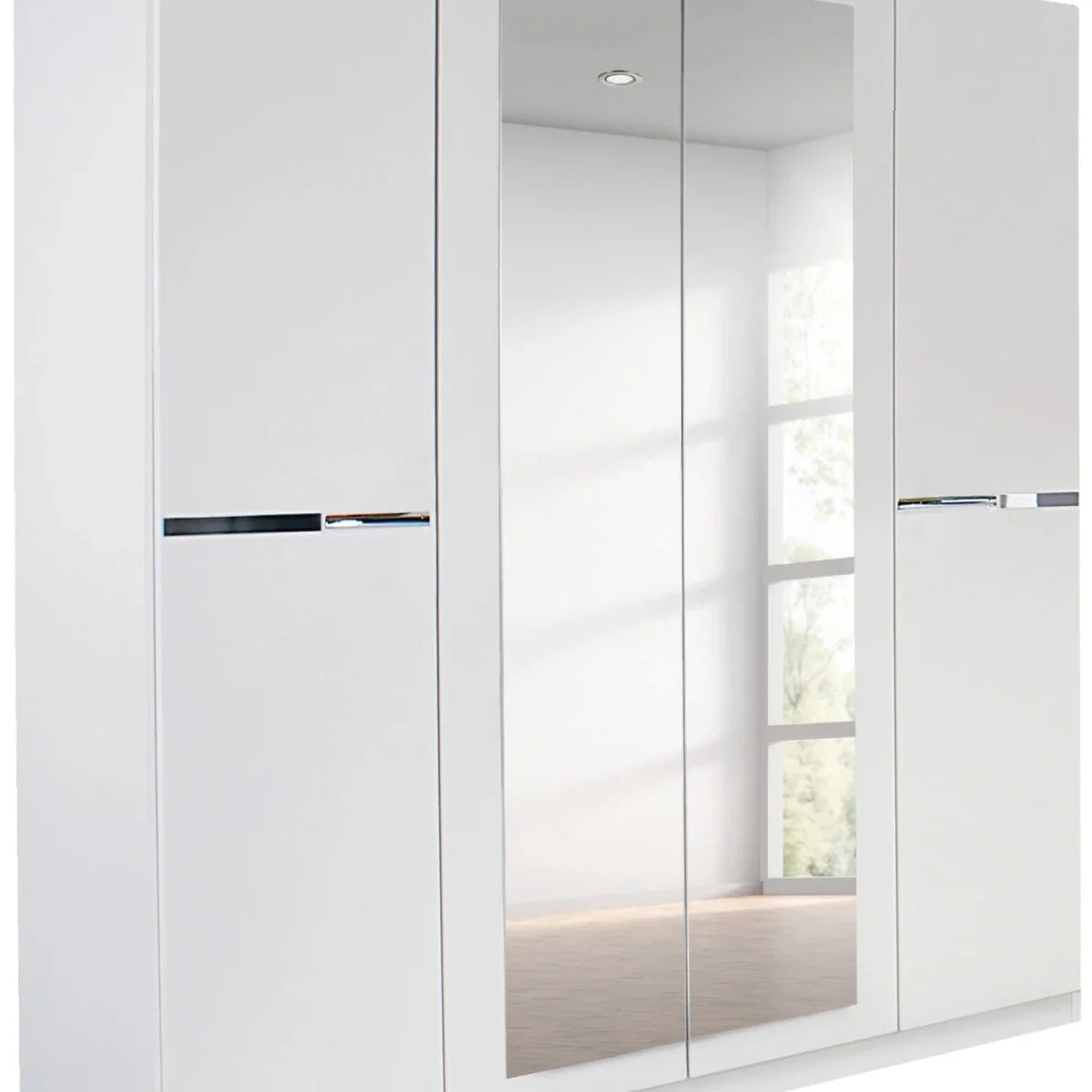 Close up of Dalton Alpine White 4 Door 2 Mirrored Hinged Wardrobe 