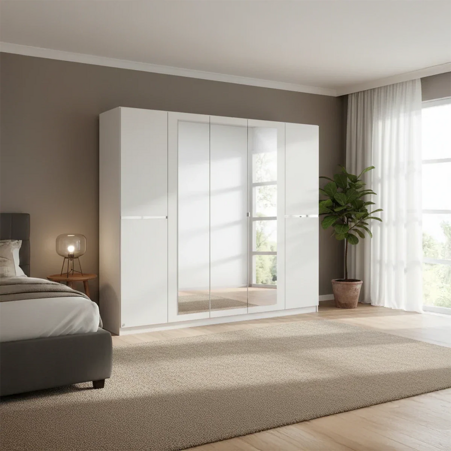 Dalton Alpine White 5 Door 3 Mirrored Hinged Wardrobe – 226cm