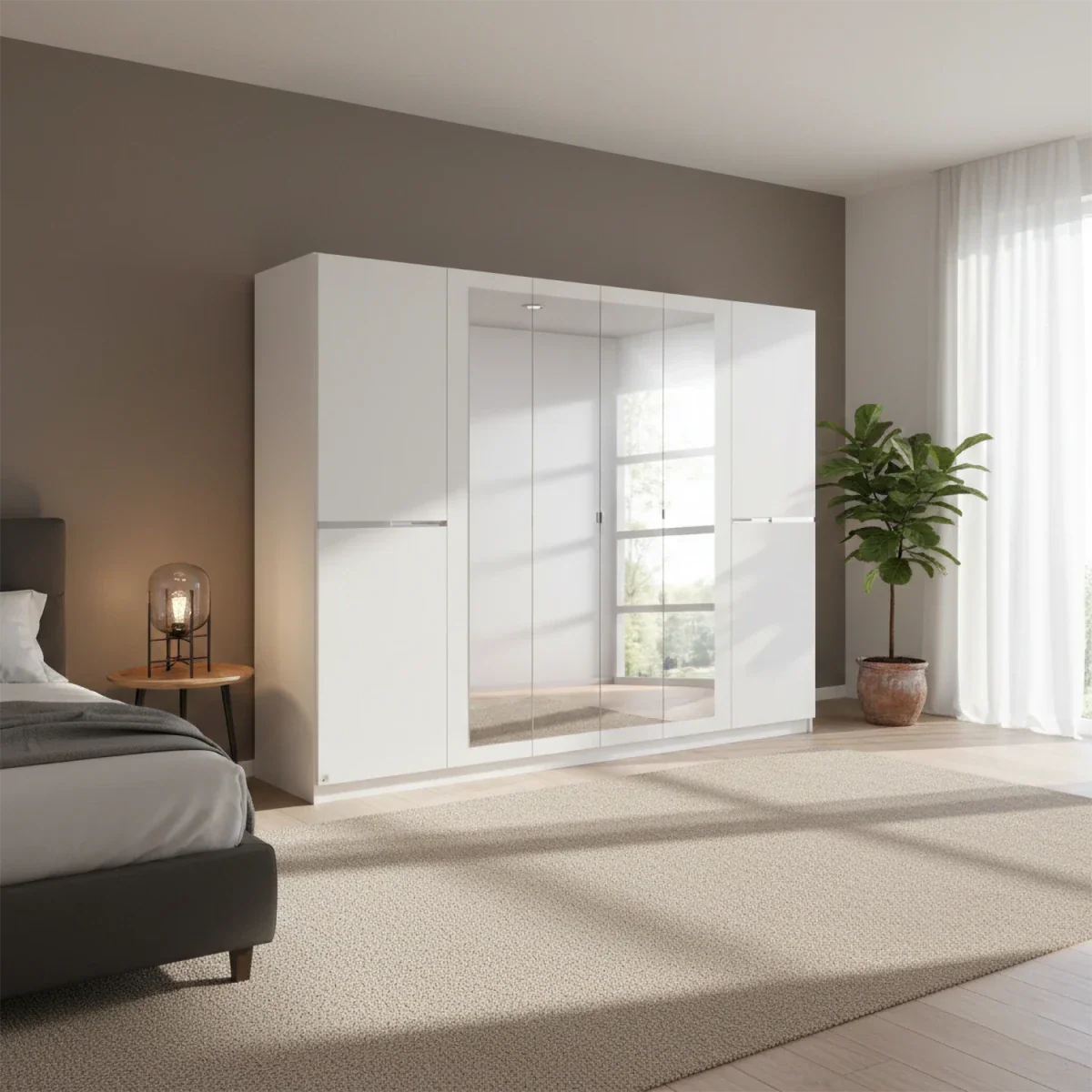 Modern bedroom with a large white wardrobe, bed, and decorative elements.