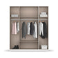 Closet with clothes hanging on racks and shelves on a white background