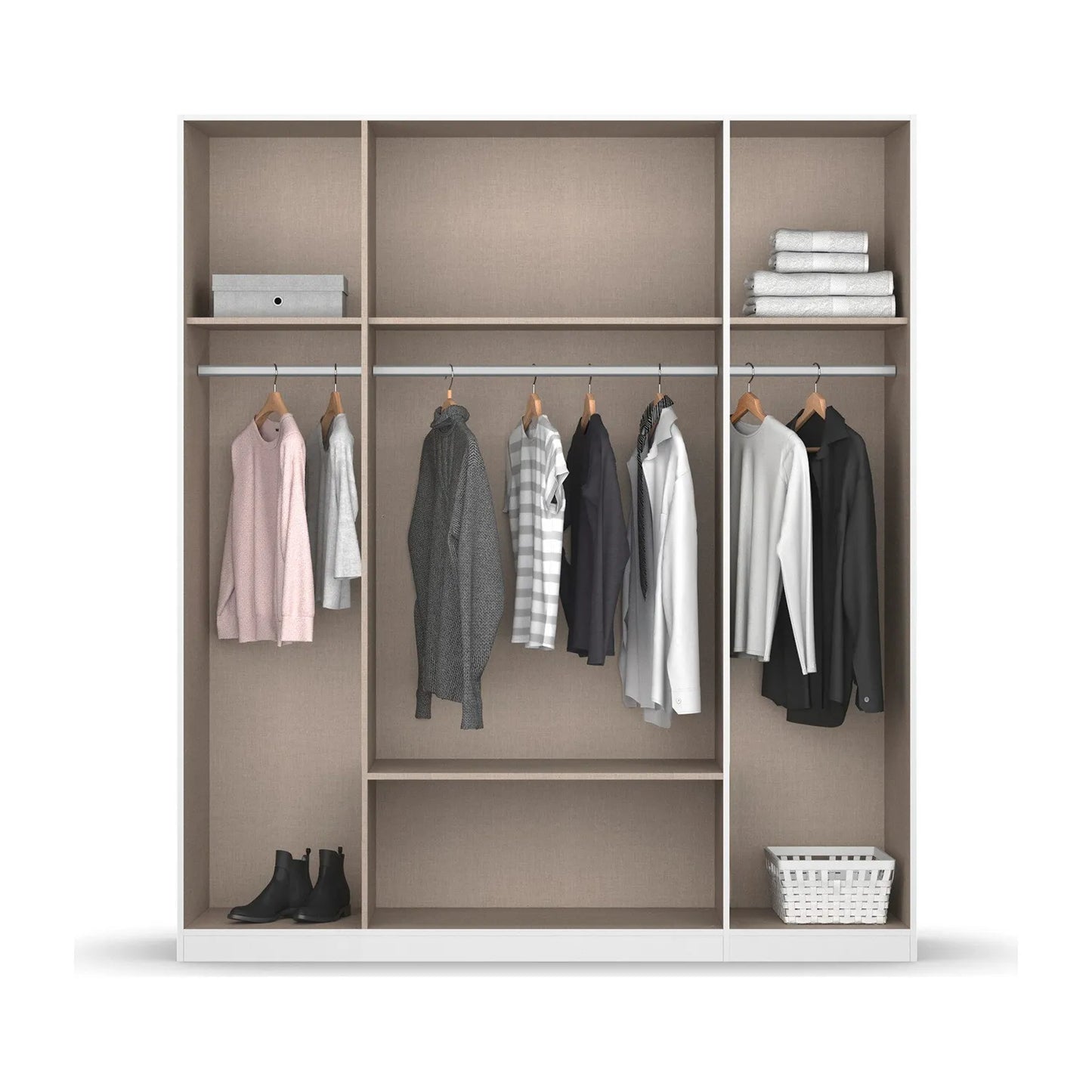 Closet with clothes hanging on racks and shelves on a white background