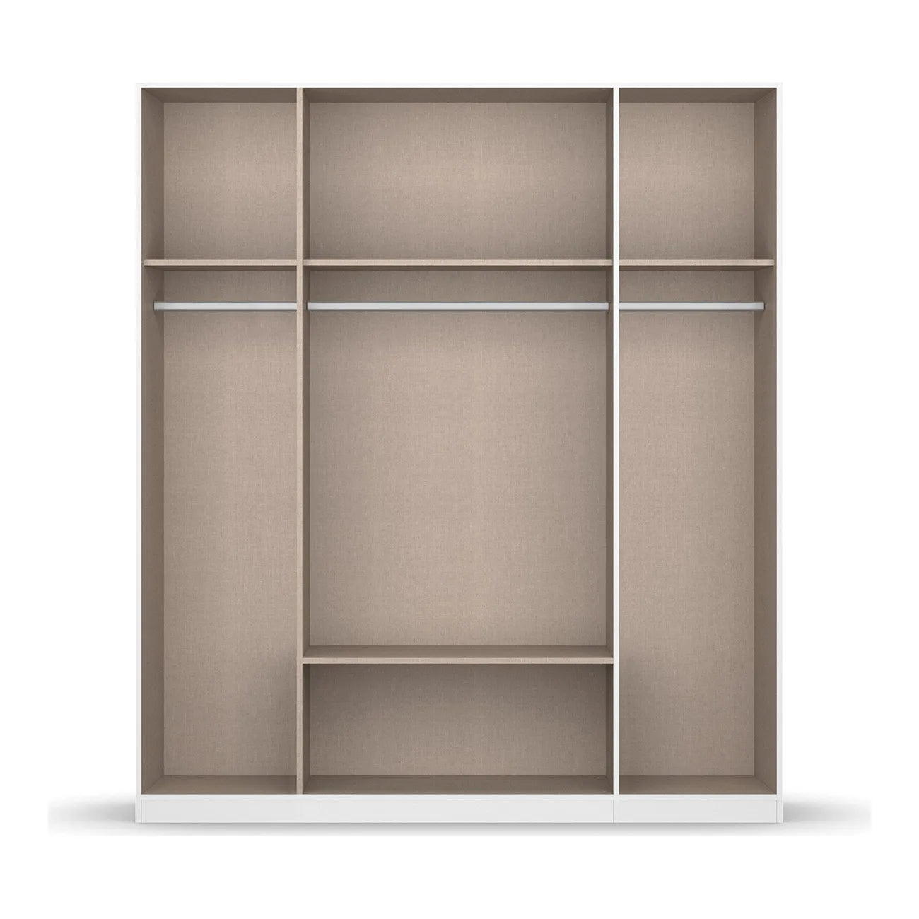 Interior details of Rauch Davo 4 door wardrobe in metallic Grey with mirror doors and Artisan Oak drawers