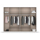 Closet with clothes on hangers and shelves on a white background