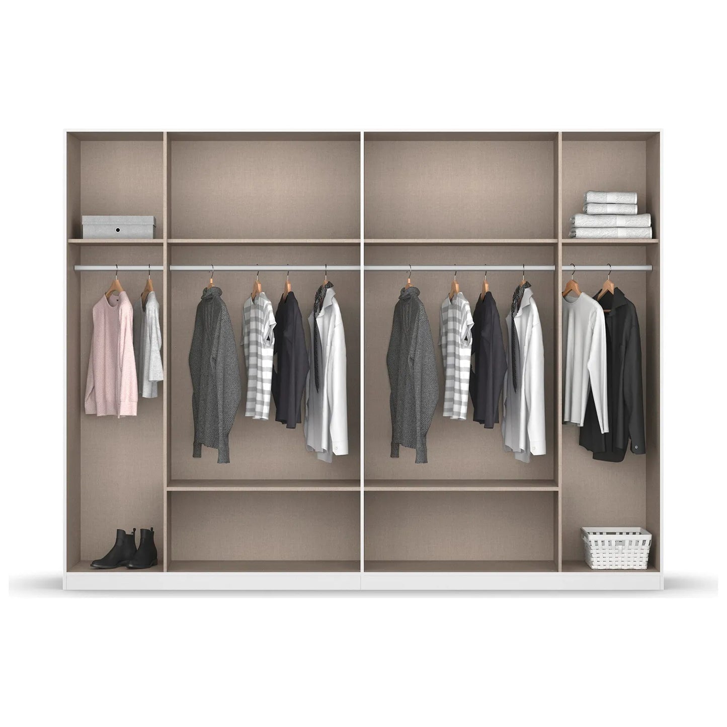Closet with clothes on hangers and shelves on a white background