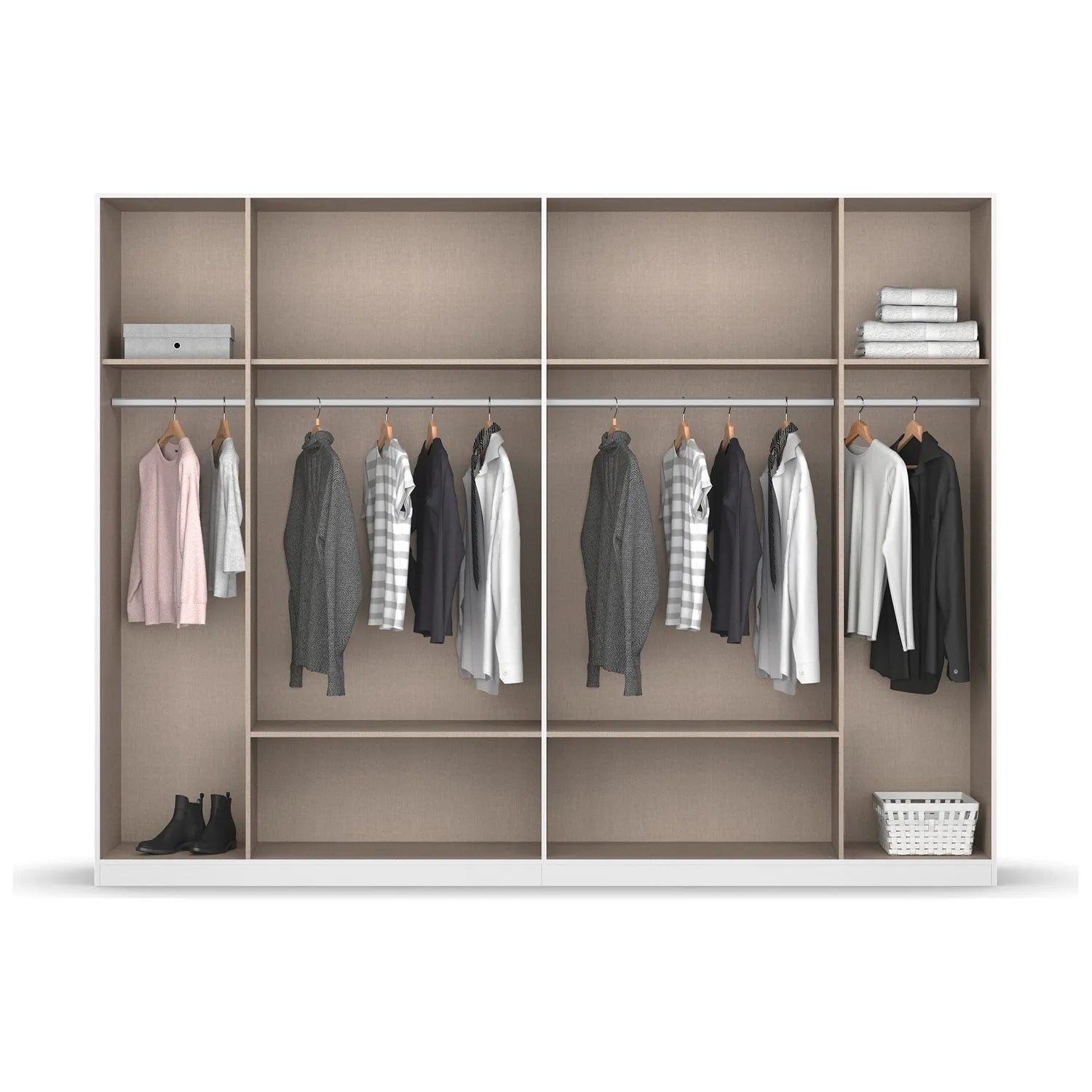 Closet with clothes on hangers and shelves on a white background