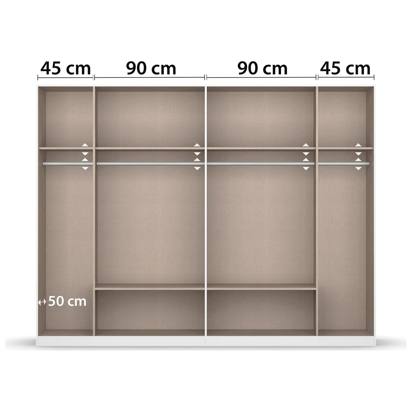 Internal Details of Rauch Davo Metallic Grey 6 door wardrobe with four mirrored doors and six Oak drawers  with dimensions labeled on a white background