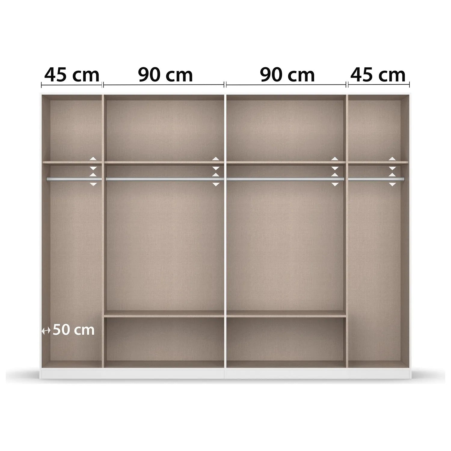 Internal Details of Rauch Davo Metallic Grey 6 door wardrobe with four mirrored doors and six Oak drawers  with dimensions labeled on a white background