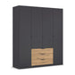Black 4 door wardrobe with wooden drawers on a white background