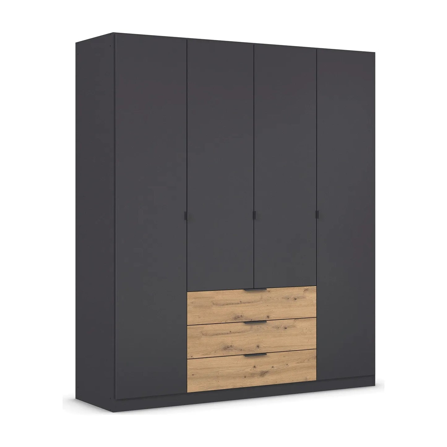 Black 4 door wardrobe with wooden drawers on a white background