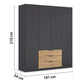 Modern 4 door wardrobe with mirror panels and contrasting oak drawers and dimensions on a white background