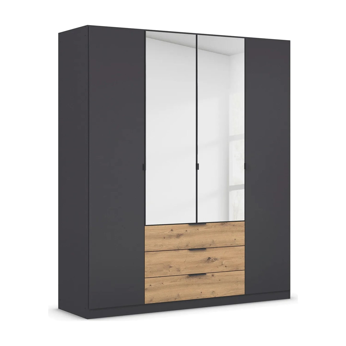 Rauch Davo 4 Door wardrobe with Mirror adjustable shelving and hanging rails and artisan Oak Exterior drawers