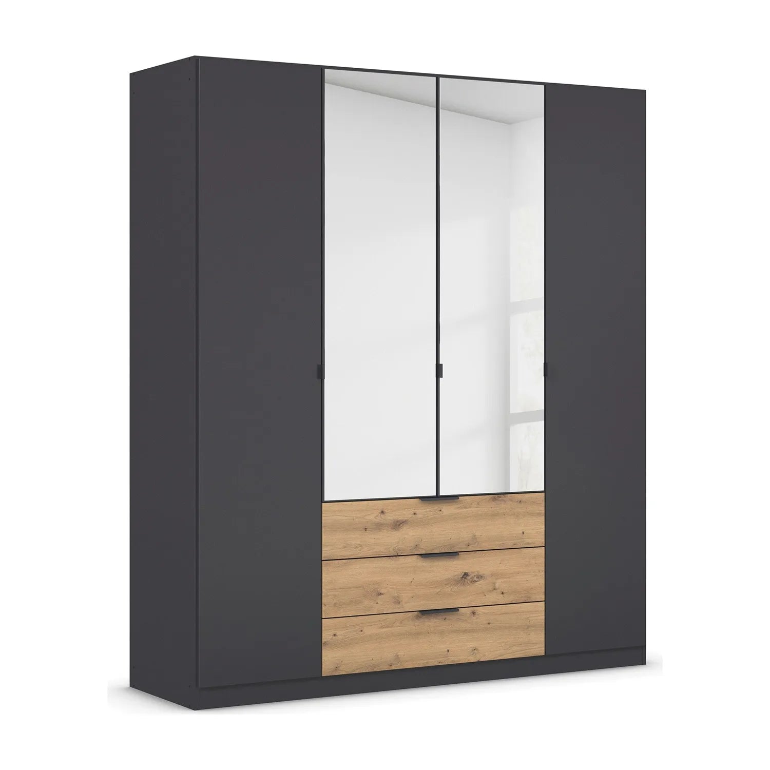 Rauch Davo 4 Door wardrobe with Mirror adjustable shelving and hanging rails and artisan Oak Exterior drawers