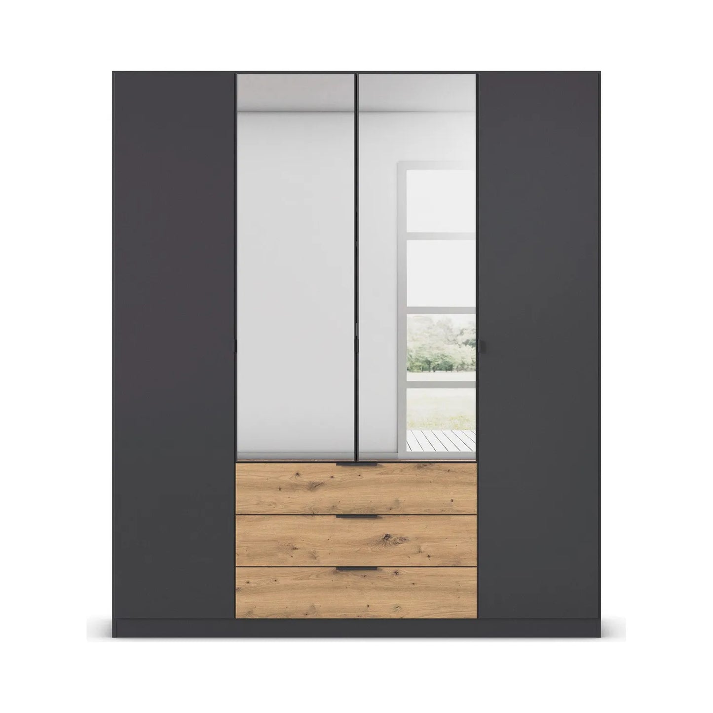Rauch Davo 4 door Metallic Grey wardrobe with mirror doors and Artisan Oak drawers