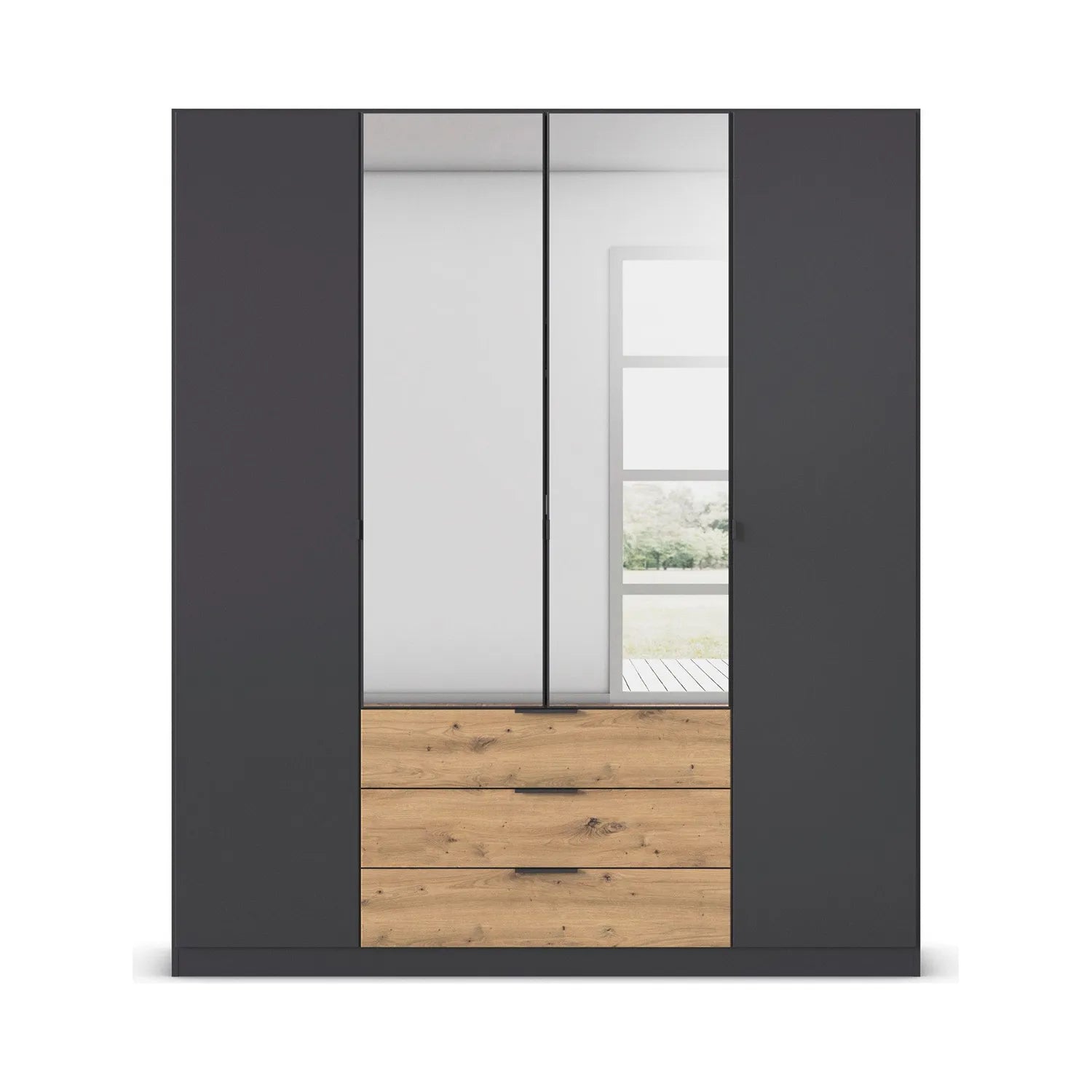 Rauch Davo 4 door Metallic Grey wardrobe with mirror doors and Artisan Oak drawers