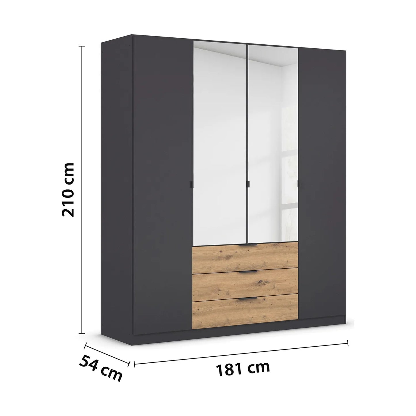 Black wardrobe with wooden drawers and dimensions on a white background