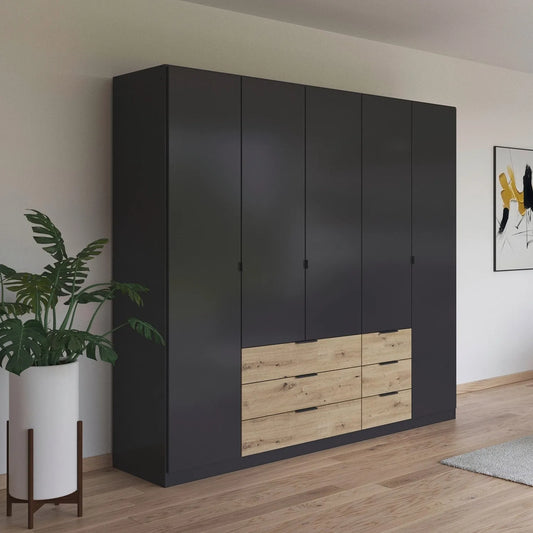 Shop the Rauch Davo 5 door Metallic Grey wardrobe with Oak drawers. Made in Germany with adjustable storage, free delivery and modern styling.