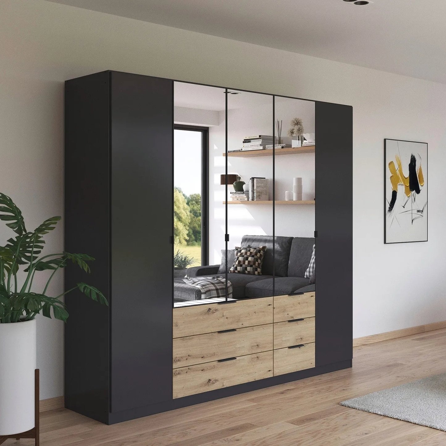 Rauch Davo 5 Door Wardrobe with Drawers and Mirror – 226cm